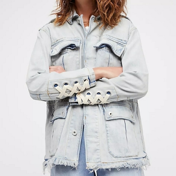 Free People Military Lace Up Back Denim Jacket XS Coat Jean - Picture 1 of 12
